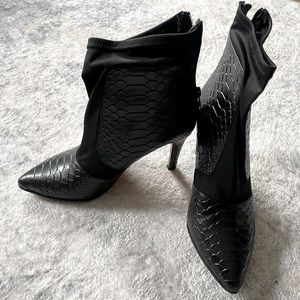 Leather crocodile look 7 1/2 black boot heels by VANELI. Like New